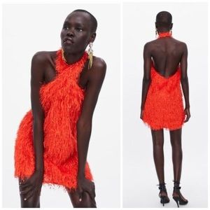 ZARA Fringe Feather Halter Mini Dress
